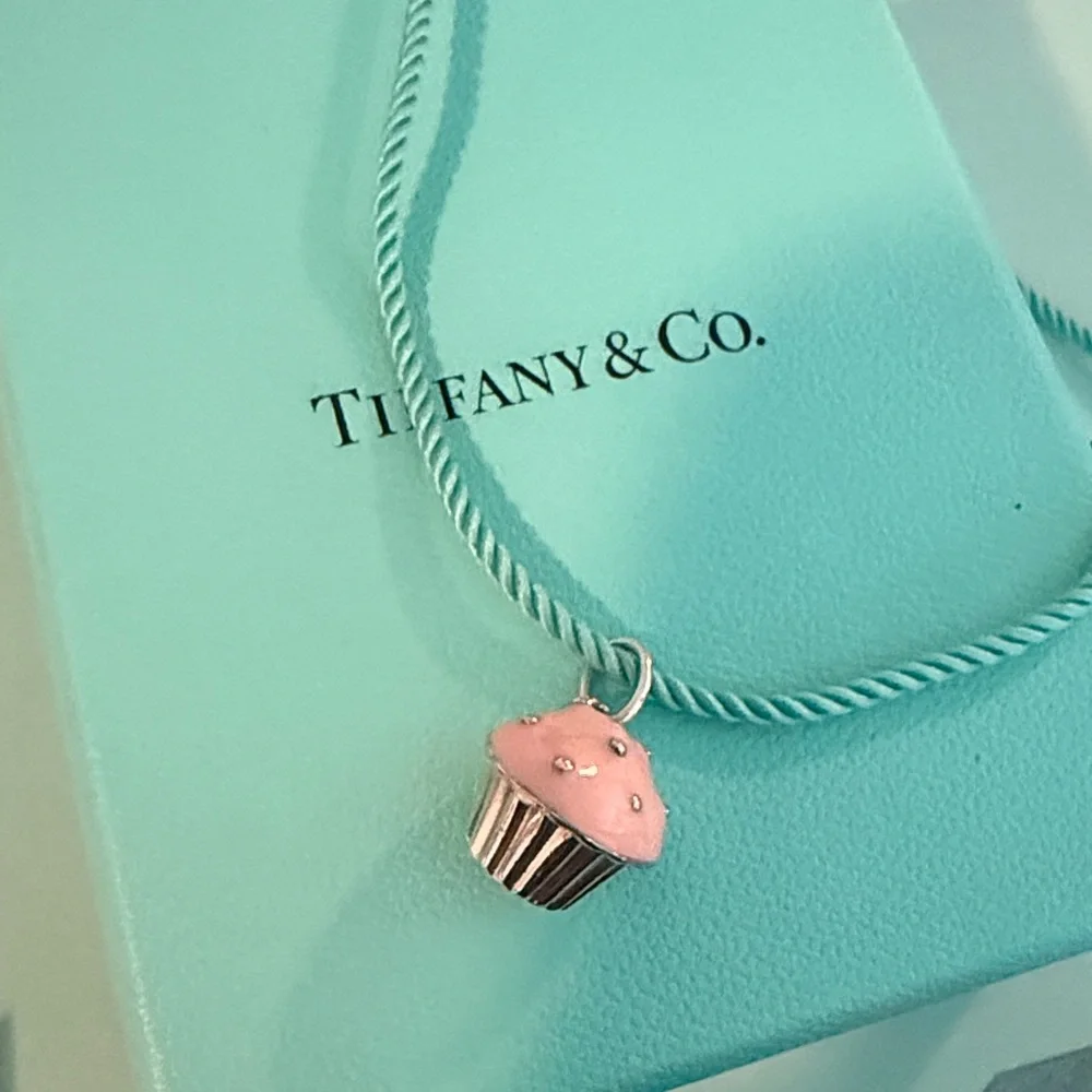 Tiffany & Co. Cupcake Charm Pendant Necklace on Tiffany Silk Cord 16-18”